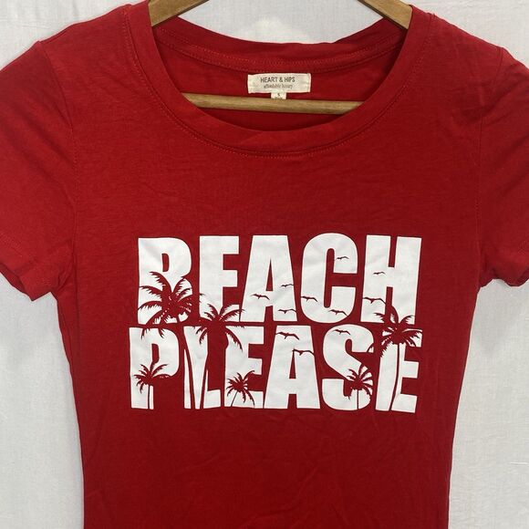 HEART & HIPS T-Shirt Cap Sleeve Graphic Beach Please Fitted Top Womens S Red - Picture 7 of 9
